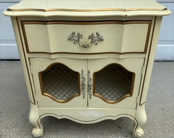 French Provincial Nightstand Vintage Wood Furniture Original 1960s Finish Cream Gold Accents One Drawer Two Doors