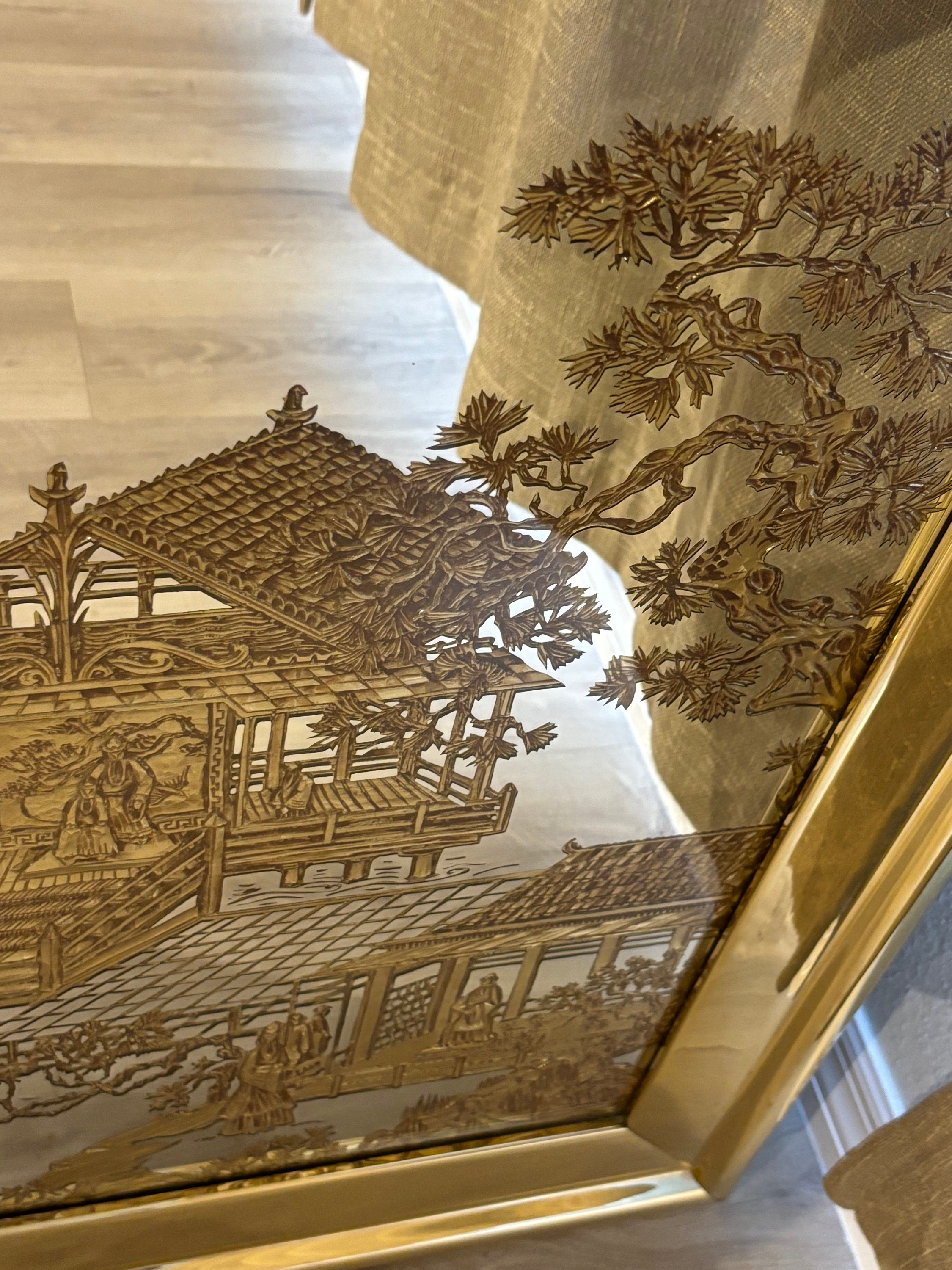 Gold Asian Etched Village Pagoda Chinoiserie Hollywood