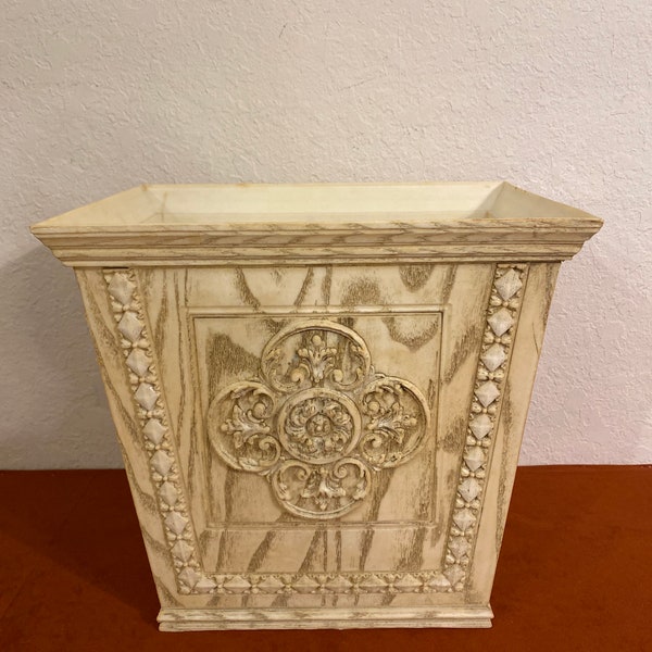 Vintage Max Klein Wastebasket Cream Faux Wood Embossed Fleur de Lis Trash Can Powder Room Office at Florida Classics