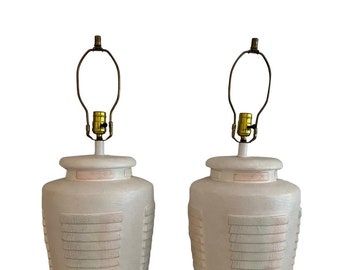 Pair Plaster Lamps Art Deco Style Coastal Decor White Pastel Aqua Pink 80s/90s Horizontal Stacked Ribbed Look 29” with Finial Read Details