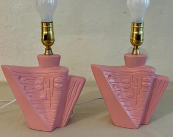 Pair Art Deco Pink Plaster 1950s  Small Lamps Painted Rewired Read Description
