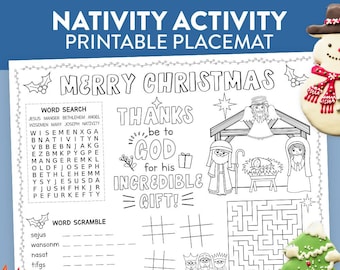 Christmas Nativity Dinner Placemat kids table coloring crafts bible quote Sunday School activity scripture printable tablemat games download