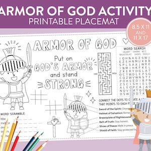 Armor of God Bible Activity Placemat kids table coloring crafts verse quotes Sunday school activity scripture printable tablemat games art