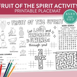 Fruit of the Spirit Bible Activity Placemat kids table coloring crafts verse quotes Sunday school scripture printable tablemat games art