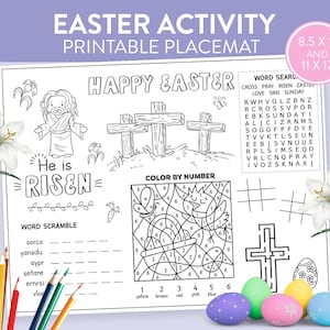 Easter Dinner Brunch Placemat kids table coloring craft bible quote Sunday school activity scripture printable games Spring download