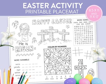 Easter Dinner Brunch Placemat kids table coloring craft bible quote Sunday school activity scripture printable games Spring download