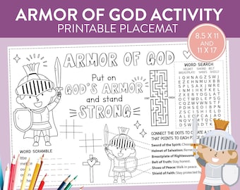 Armor of God Bible Activity Placemat kids table coloring crafts verse quotes Sunday school activity scripture printable tablemat games art