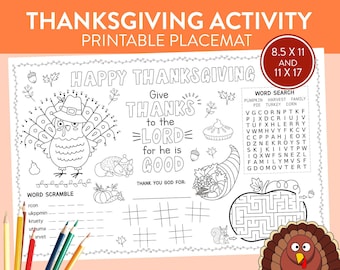 Thanksgiving Dinner Placemat kids table coloring crafts bible quotes Sunday school activity scripture printable tablemat games fall download