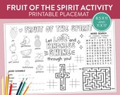 Fruit of the Spirit Bible Activity Placemat kids table coloring crafts verse quotes Sunday school scripture printable tablemat games art