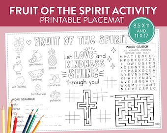 Fruit of the Spirit Bible Activity Placemat kids table coloring crafts verse quotes Sunday school scripture printable tablemat games art