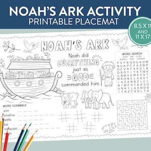 Noah's Ark Bible Stories Activity Placemat Kids Table Coloring Pages Crafts Verse Quotes Sunday School Activity Scripture printable games