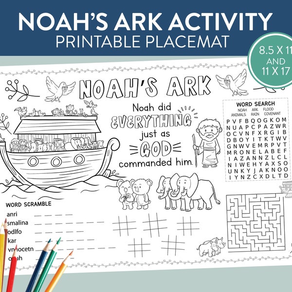 Ark van Noach Bijbelverhalen Activiteit Placemat Kindertafel Kleurplaten Knutselen Verscitaten Zondagsschoolactiviteit Schrift afdrukbare spellen