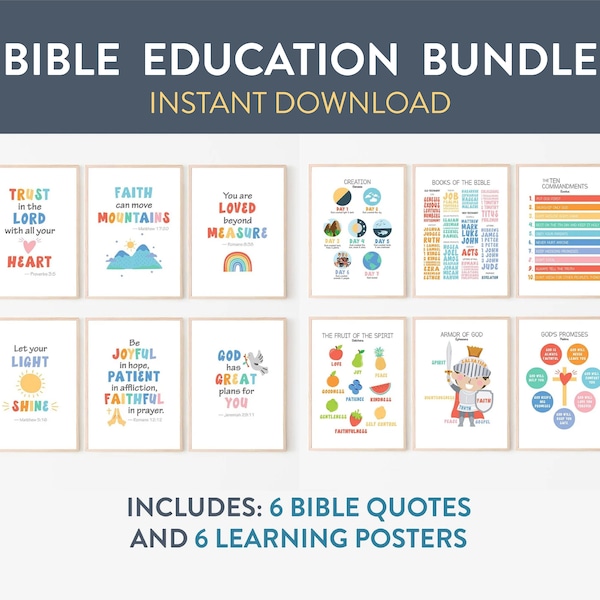 Bundle, Kids Bible Verse, Wall Art, Scripture & Learning Posters, Church, Sunday School Decor, Homeschool, Christian Educational Posters