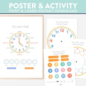 May include: A printable poster and activity sheets for teaching children how to tell time. The poster features a colorful clock with the hour and minute hands labeled. The activity sheets include a blank clock face and number circles for kids to practice telling time.