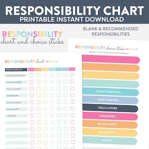Può includere: Un grafico di responsabilità stampabile con un elenco di controllo per le faccende quotidiane. Il grafico include compiti come pulire la propria stanza, fare il letto, piegare i vestiti, fare i compiti, lavare i piatti, lavare i panni e passare l'aspirapolvere. Il grafico è progettato per i bambini e include una sezione per bastoncini di scelta con istruzioni per ritagliarli e incollarli su depressivi linguistici.