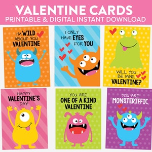 Valentinstag Karten Monster druckbare Instant Download & E-Mail-JPG-Dateien Schule Homeschool Pre-School Montessori Klassenzimmer Grußkarte