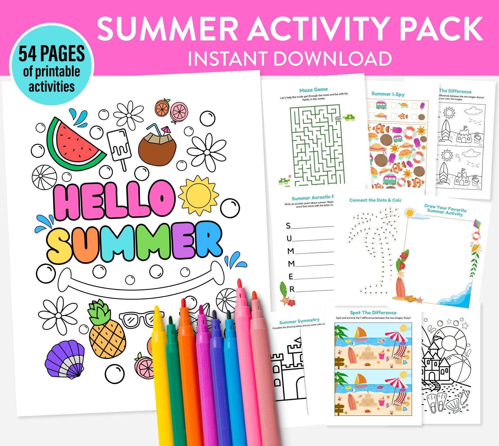 Summer Activity Printable Pack for Kids Coloring Pages Games Puzzles ...