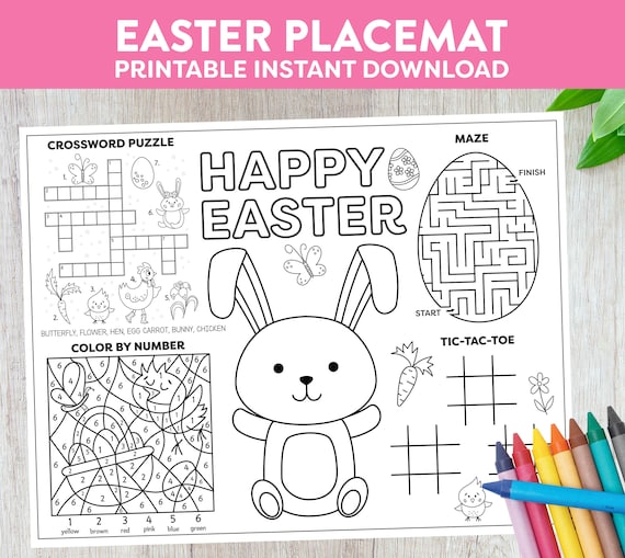 Kids Easter Placemat "easter placemat" coloring, kids table Easter crafts bunny eggs party activity crossword printable instant download