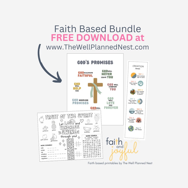 May include: A printable set of faith-based activities for children. The set includes a word search, a word scramble, a colouring page, and a creation timeline. The activities are designed to help children learn about God's promises and the fruit of the spirit.