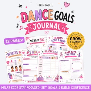 Può includere: Un diario stampabile di obiettivi di danza con 22 pagine. La copertina presenta il testo "DANCE GOALS JOURNAL" in rosa, arancione e nero. Le pagine interne includono sezioni per la definizione degli obiettivi, la pianificazione della pratica e l'autoriflessione. Il diario aiuta i bambini a rimanere concentrati.