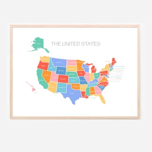 Estados Unidos mapa niños pared sala de arte decoración impresiones educativas para el dormitorio, sala de juegos, escuela casera, preescolar y montessori carteles imprimibles