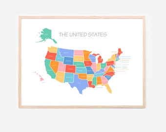 United States Map Kids Wall Art Room Decor Educational Prints for Bedroom, Playroom, Home School, Pre-School & Montessori Posters Printables