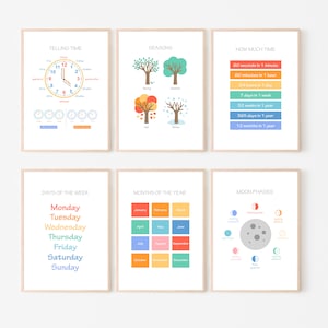 Zeit, Jahreszeiten, Mondphasen, Monate, Tage Kinder Poster Herbst pädagogische Drucke Kreis Zeit Spielzimmer, Homeschool, Vorschule, Montessori Dekor
