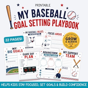 Könnte beinhalten: Ein druckbares Baseball-Zielsetzung-Playbook in Rot, Weiß und Blau. Das Cover zeigt "My Baseball Goal Setting Playbook" und enthält Seiten zum Festlegen von Zielen, Werten und Support-Teams. Das Playbook soll Kindern helfen, sich zu konzentrieren und Selbstvertrauen aufzubauen.