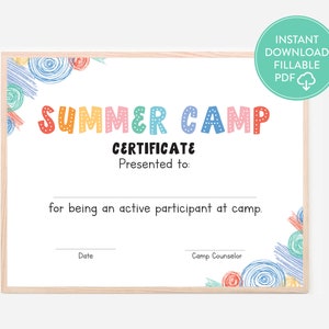 Sommercamp-Zertifikat Bearbeitbares Zertifikat Sofortiger Download Druckbare bearbeitbare Ressourcen für das Sommercamp für Ratgeber Kindertagespflege