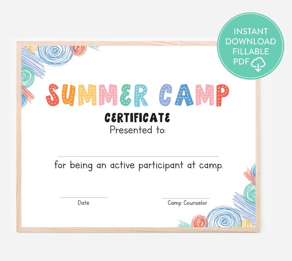 Summer Camp Certificate Editable Certificate Instant Download Etsy