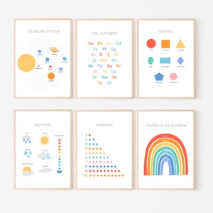Juego de carteles educativos para sala de juegos y niños y niños pequeños, impresiones imprimibles para la escuela en casa, arte de pared educativo bohemio, póster de aprendizaje, alfabeto.