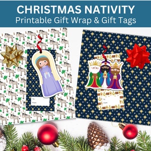 May include: Printable Christmas Nativity gift wrap and gift tags. One design features a blue and gold star pattern with the three wise men. The other design features a white background with a repeating pattern of gray donkeys and green palm trees. Both designs include a gift tag with a blank space for writing "To" and "From".