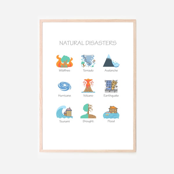 Natural Disasters Volcano Earthquake Educational Poster Homeschool Pre-School Montessori Print Kid Bedroom Room Decor Kindergarten Primary