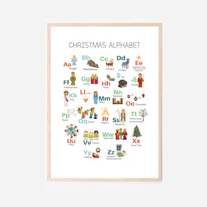 May include: A colorful alphabet chart with illustrations depicting Christmas themes. Each letter is paired with a word and a corresponding image, such as "Angel", "Bethlehem", "Christ", "Donkey", "Eastern Sky", "Frankincense", "Giving", "Holly", "Joseph", "King", "Love", "Mary", "Nazareth", "Ornaments", "Peace", "Quest", "Rejoice", "Shepherd", "Twelve Days of Christmas", "Unity", "Voices", "Yuletide", "Christmas Eve", and "Xmas Tree".