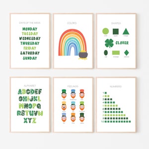 May include: Set of six printable educational posters featuring a rainbow, leprechauns, clovers, and other illustrations. The posters cover topics such as days of the week, alphabet, colors, shapes, feelings, and numbers.