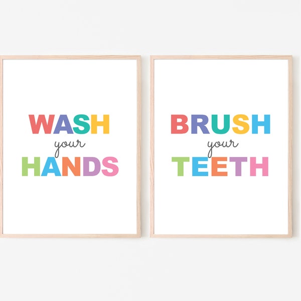 Bathroom Wall Art Wash Your Hands, Brush Your Teeth - Kids Washroom Decor School Classroom Washroom Signs Posters Prints Printable Download