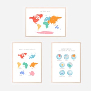 Die Weltkarte, Globus & Kontinente - Kinder Wand Zimmer Dekor pädagogische Drucke für Schlafzimmer, Spielzimmer Homeschool Pre-School Montessori Geographie