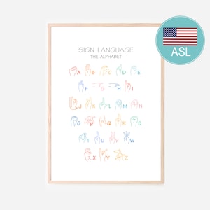 May include: A printable poster with the American Sign Language (ASL) alphabet. Each letter is illustrated with a hand gesture in a different color. The poster has the title "Sign Language The Alphabet" and the acronym "ASL" in a circle with a US flag.