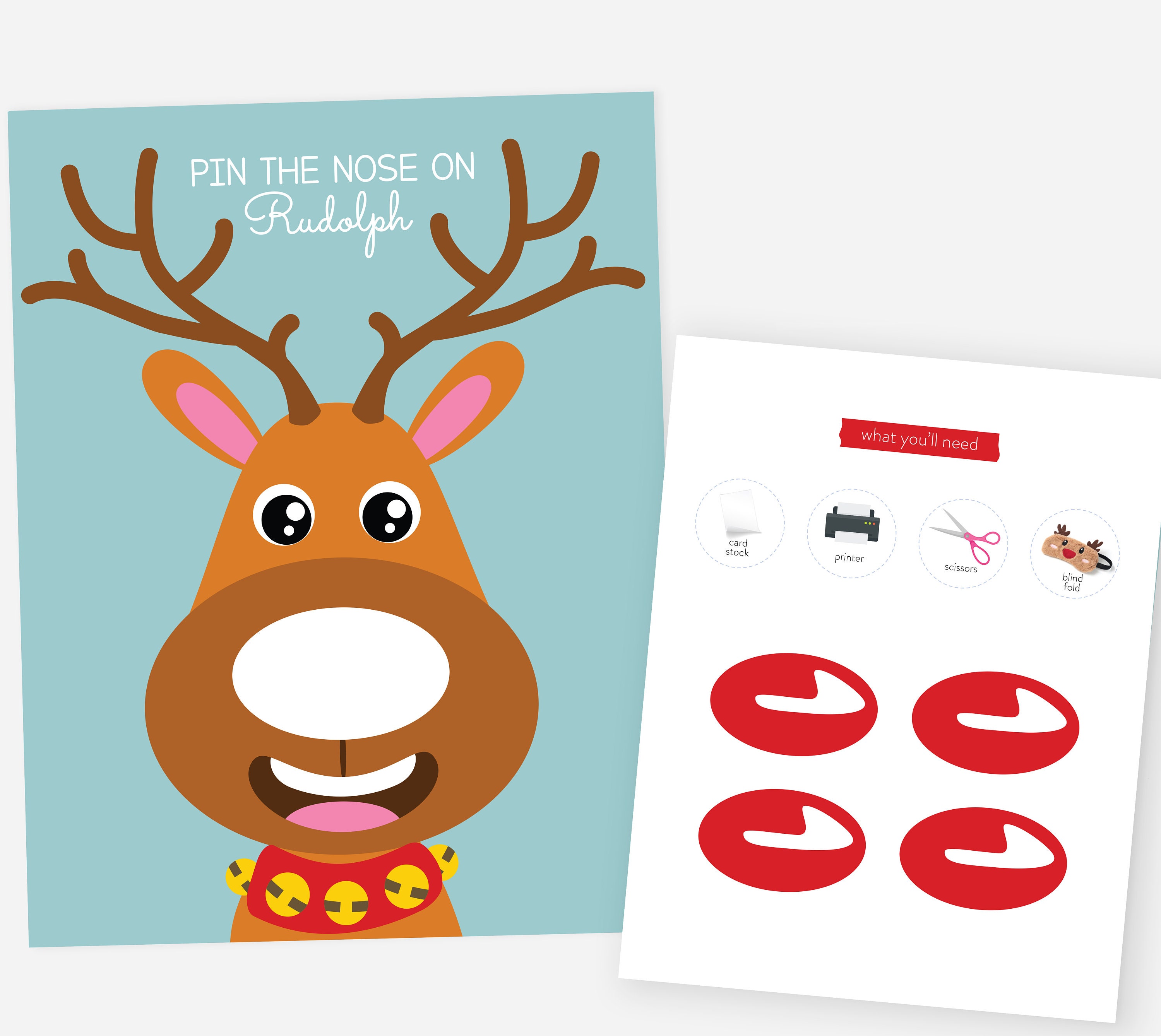 Pin The Nose On The Reindeer Christmas Game Set - 36 Nose Stickers, 2 Blindfolds, Large Poster, Holiday Party Game For Adults & Family