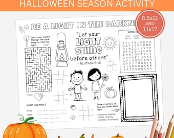 Light in Darkness Activity Placemat | Halloween Coloring, Bible Verse (PDF)