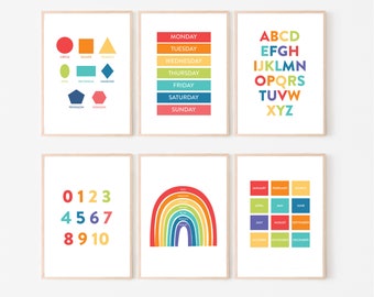 May include: Set of six colorful educational posters for kids featuring shapes, days of the week, alphabet, numbers, rainbow, and months of the year.