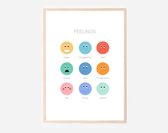 Pode incluir: Um gráfico imprimível com nove círculos de diferentes cores, cada um com uma expressão facial diferente. O gráfico é intitulado "Sentimentos" e cada círculo é etiquetado com um sentimento: Feliz, Decepcionado, Zangado, Assustado, Triste, Frustrado, Tímido, Orgulhoso, Ciumento.