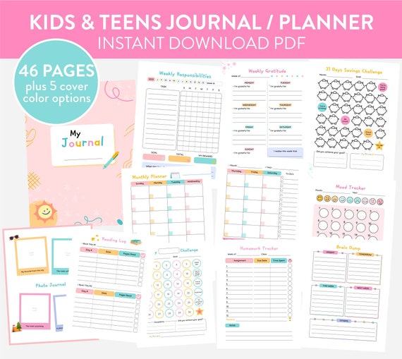 Kids Teens Journal Planner Printable Calendar Habit Sleep Moods Goals  Savings Tracker Prompts Gratitude Responsibilities Reading Checklists - Etsy
