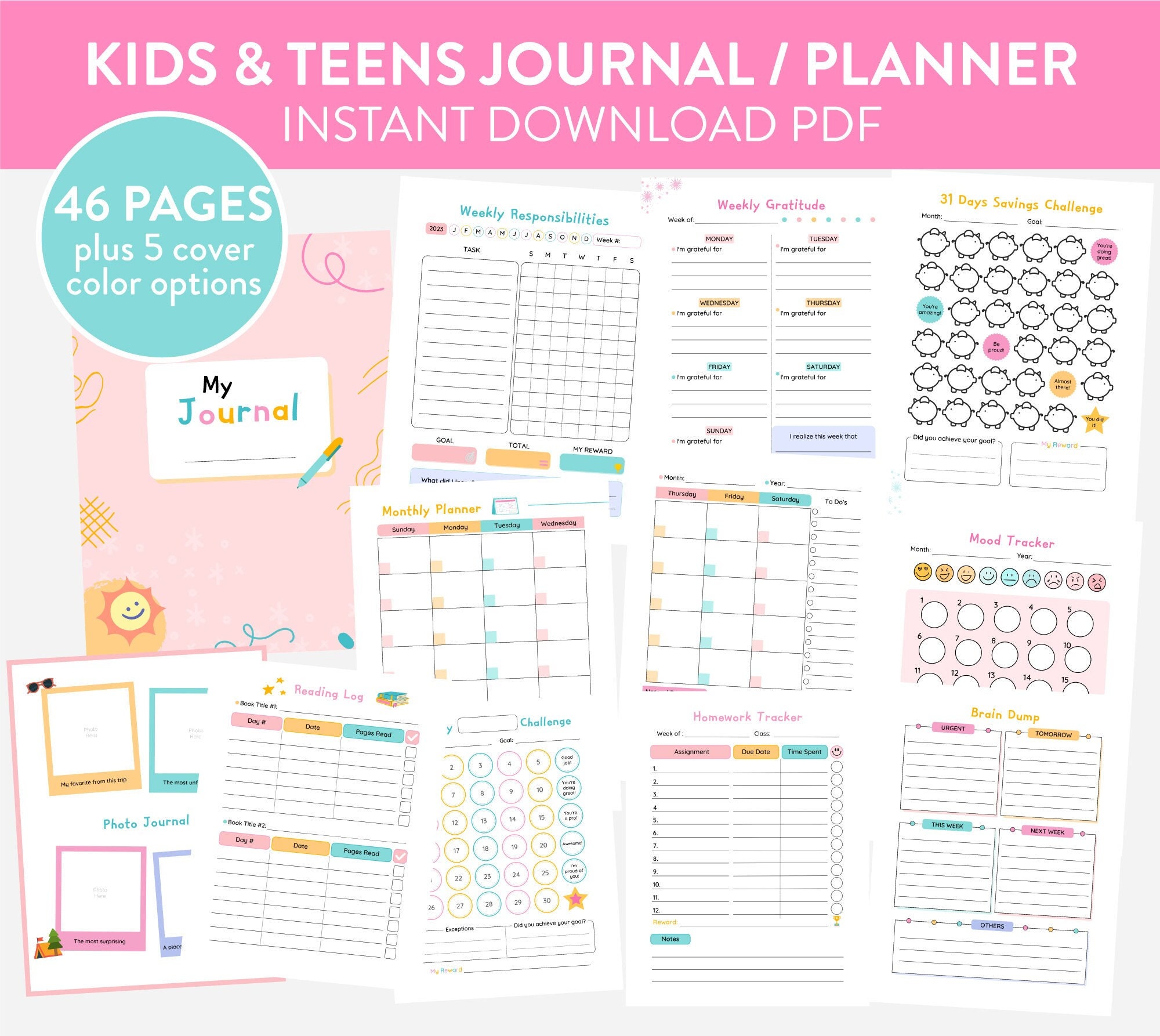 Kids Teens Journal Planner Printable: Habit Tracker, Gratitude, Goals (PDF)