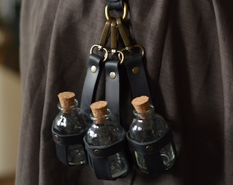 Set of black leather potion holders (3 pieces) 30 ml, bottles for larp, steampunk belt accessories