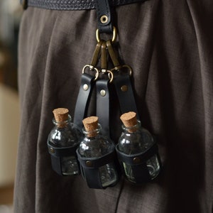 Set of black leather potion holders (3 pieces) 30 ml, bottles for larp, steampunk belt accessories
