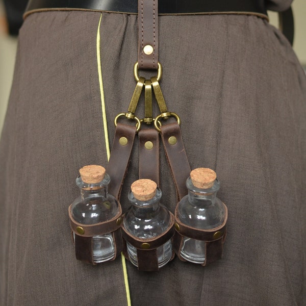 Set of brown leather potion holders #2 (3 pieces), bottles for larp, steampunk belt accessories