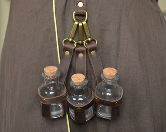 Set of brown leather potion holders #2 (3 pieces), bottles for larp, steampunk belt accessories