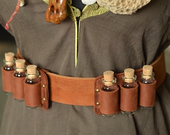 Set of triple light brown leather potion holders, bottles for larp, steampunk belt accessories