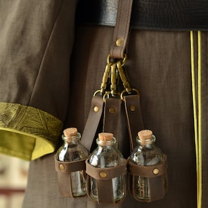 Set of brown leather potion holders (3 pieces) 30 ml, bottles for larp, steampunk belt accessories